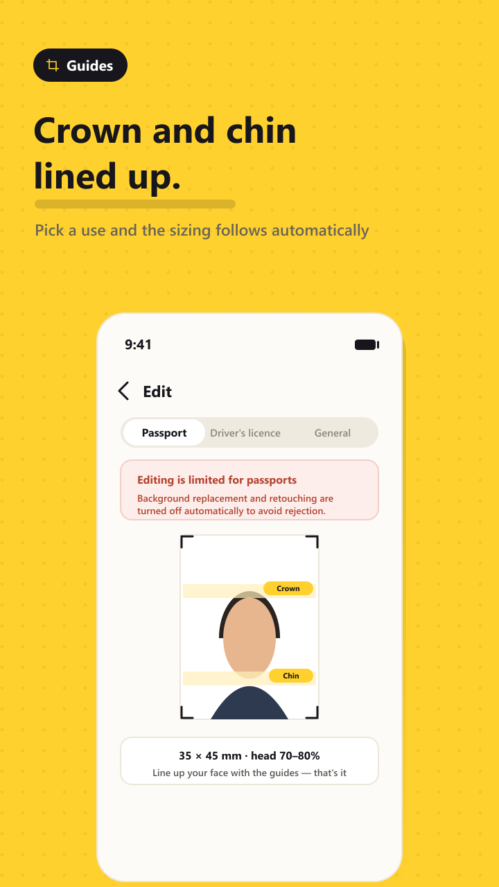Editing screen with crown and chin guide lines placed automatically over a portrait