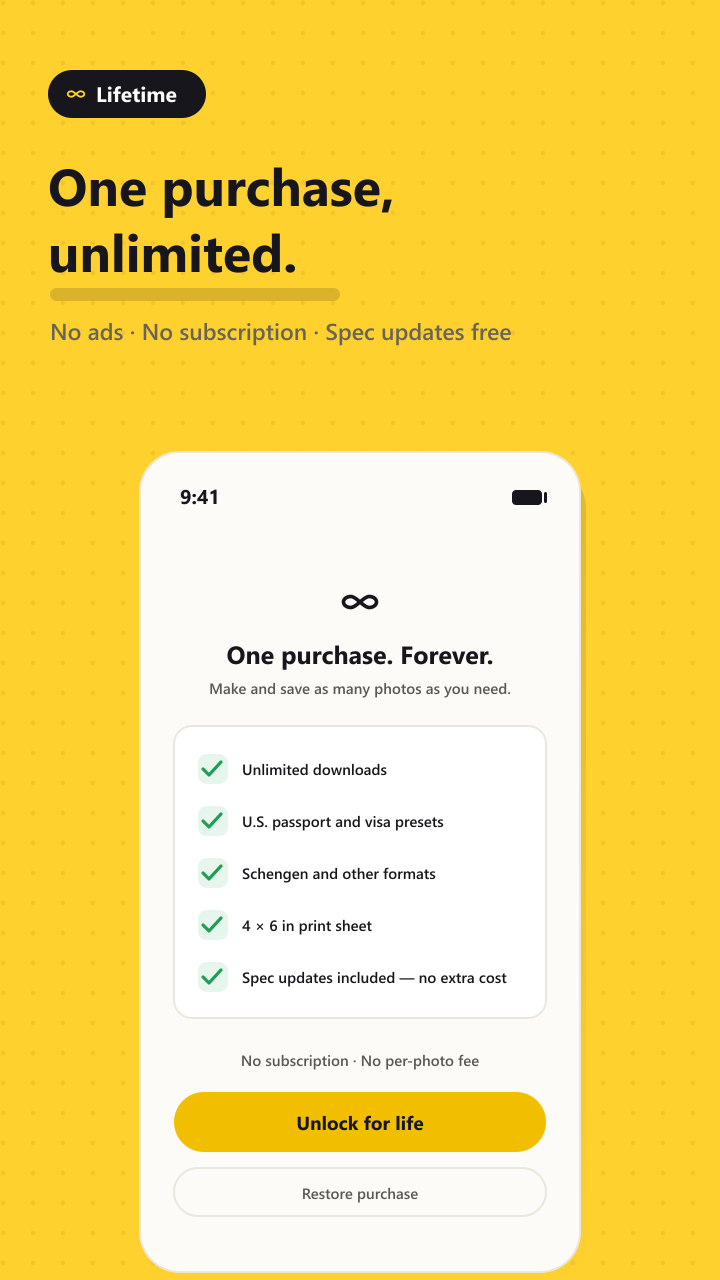 Purchase screen showing a one-time unlock with unlimited downloads and no subscription