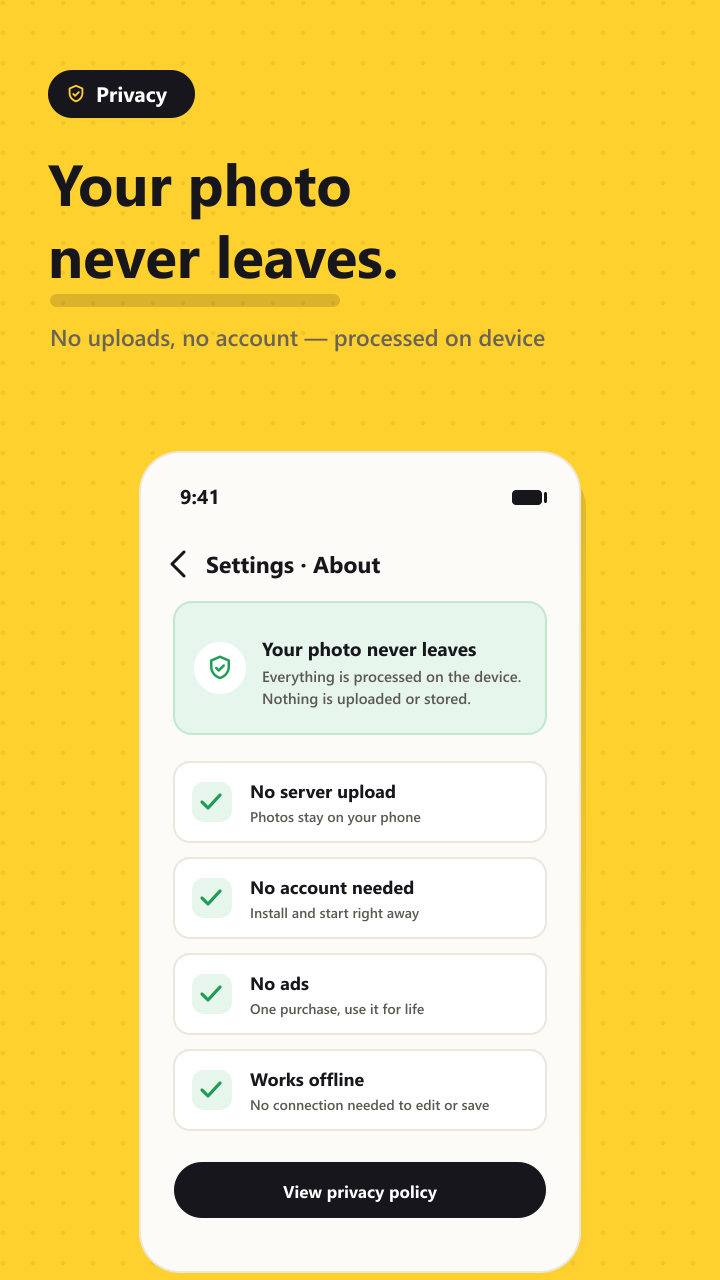 Settings screen stating photos are processed on the device with no upload and no account